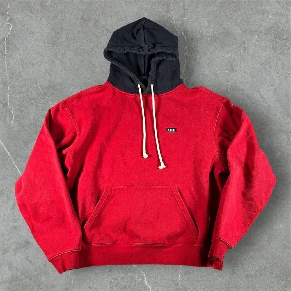 Kith Hoodie Mens Large Red Blue Colorblock Pullover Two Tone Contrast Sweatshirt